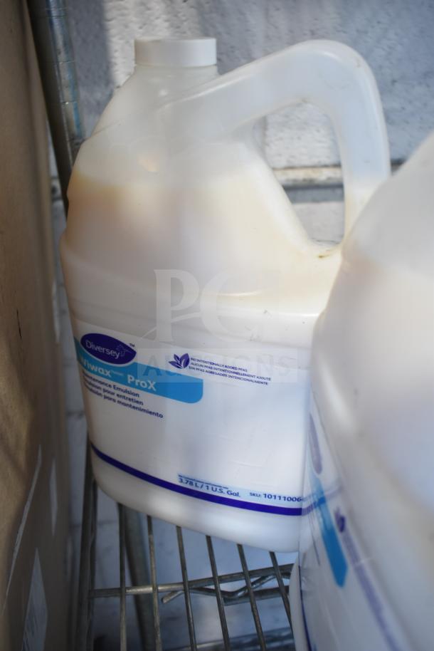 Diversey Wiwax ProX Maintenance Emulsion gallon jug, partially full, on metal shelf. Visible label with product details.
