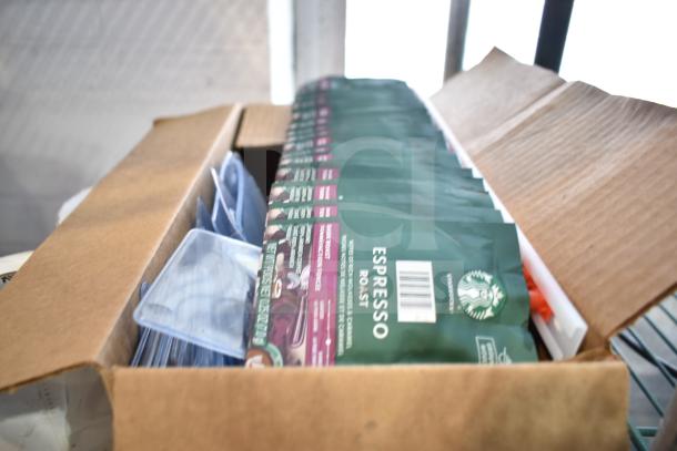 Three-tier lot with Coastwide Foaming Hand Soap, Diversey Wiwax ProX Emulsion, espresso beans. No shelving included.