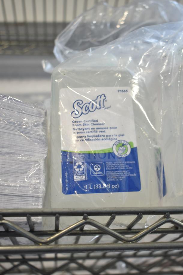 Three-tier lot featuring Scott foam skin cleanser, Coastwide foaming hand soap, Diversey Wiwax ProX, and espresso beans. Shelving unit not included.