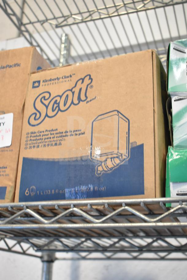 Three-tier lot of assorted items on a metal shelf, including Coastwide Foaming Hand Soap and Diversey Wiwax ProX. Does not include shelf.