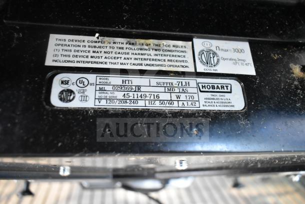 2016 Hobart HTi-7LH commercial countertop scale, 120/208-240V, 1 phase, serial 45-1149-716, model info label visible.