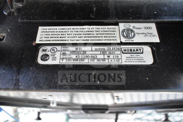 2017 Hobart HTi-7LH26 commercial scale, 120/208-240V, 1 Phase. Labels show model and power details. Does not power on.