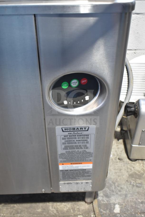 Hobart Commercial Corner Pass Through Dishwasher, stainless steel, control panel with on/off and cycle buttons, detailed label.