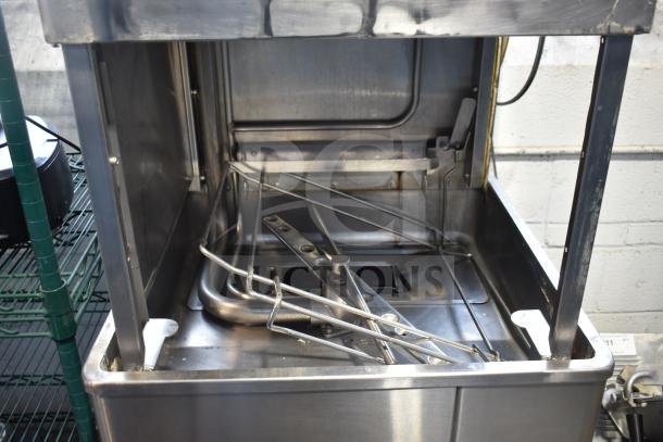 Hobart Commercial Corner Pass Through Dishwasher, stainless steel, open door showing interior racks and components, used condition.
