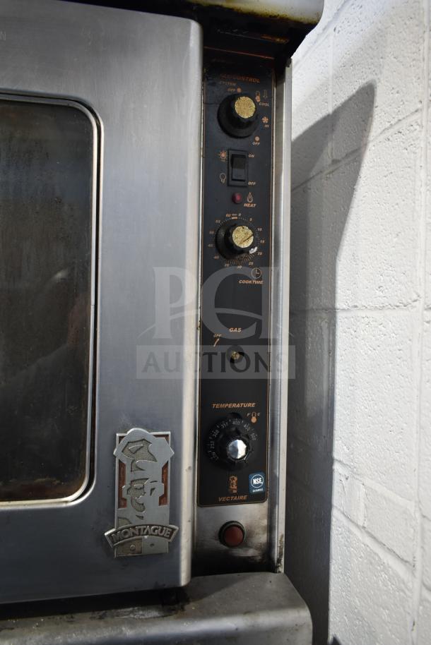 Montague commercial convection oven with view-through doors, thermostatic controls, and visible logo, suitable for high-volume use.