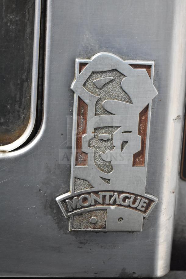 Montague commercial convection oven label detail; metal chef logo with the brand name "Montague" embossed on the surface.