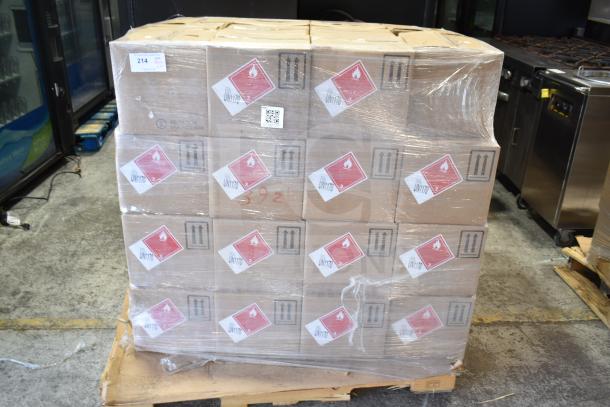 47 boxes of Diversey SoftCare Impact Foam Alcohol Foam Instant Hand Sanitizer on a pallet, labeled with UN1170 flammable symbols.