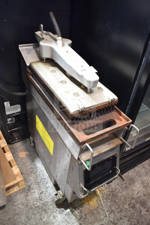 2019 Garland CXPB12 electric clamshell griddle, 208-240V, 3 phase, stainless steel, fair condition with visible wear.