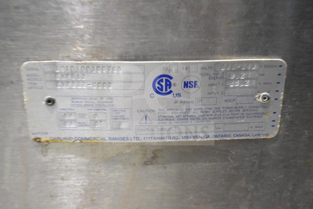 2019 Garland CXPB12 Electric Clamshell Griddle, 208-240V, 3 Phase, label showing model and specifications.