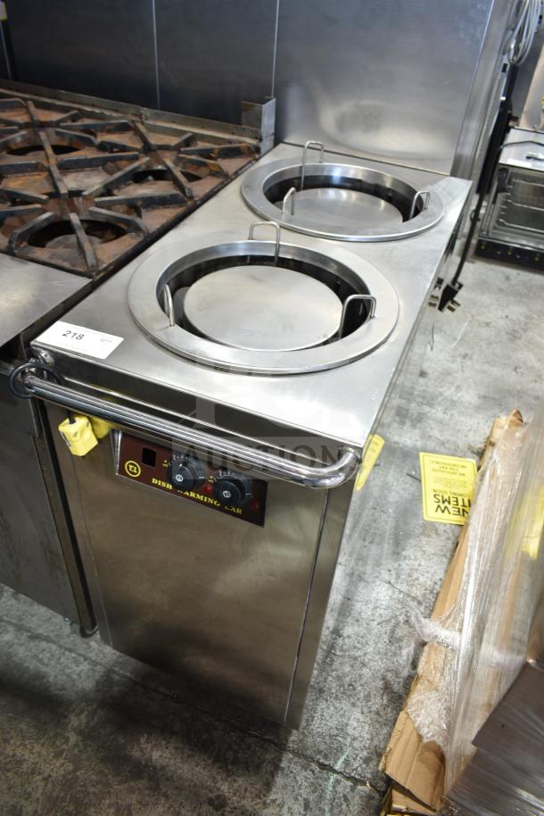 Commercial 2-well dish warming cart, stainless steel, 125 volts, 1 phase, with temperature control knobs, excellent condition.