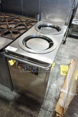 Commercial 2-well dish warming cart, stainless steel, 125 volts, 1 phase, with temperature control knobs, excellent condition.