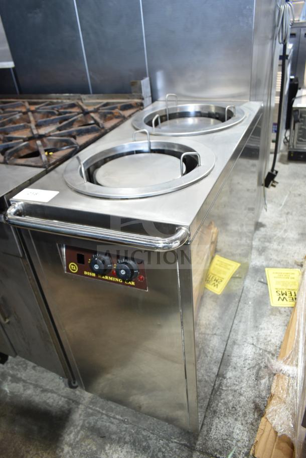 Stainless steel commercial 2-well dish warming cart, 125 volts, 1 phase, features temperature controls, excellent condition.