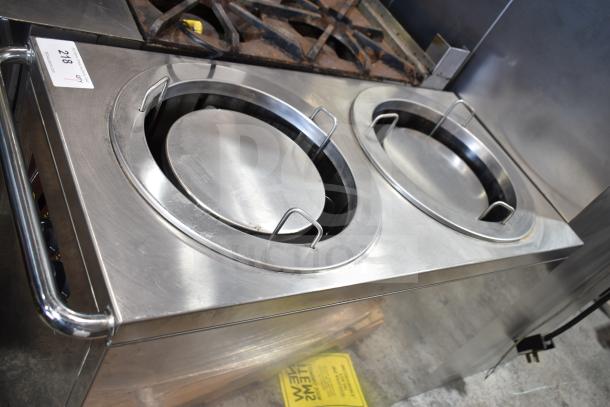 Commercial 2 Well Dish Warming Cart, stainless steel, 125 volts, 1 phase, visible wear, auction tag "218" attached.