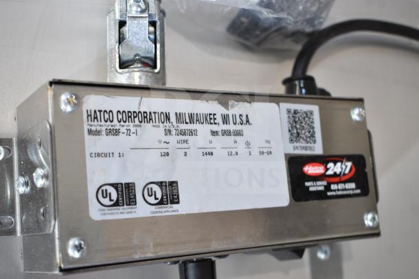 Hatco GRSBF-72-I Glo-Ray 73 1/2" x 21" heated shelf warmer, 120V, 1-phase. UL certified labels shown.