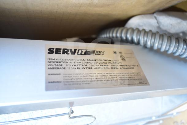 BRAND NEW SCRATCH AND DENT! 2025 ServIt 60" Double Strip Warmer, dual controls, 120V, 2200W, hardwired, visible label details.