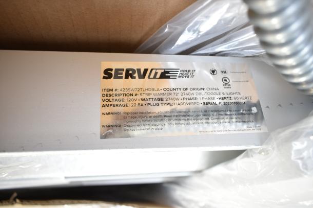 Alt text: "ServIt 72\" lighted double strip warmer, model 423SW72TLHDBLA, 120V, dual toggle controls, scratch and dent condition."