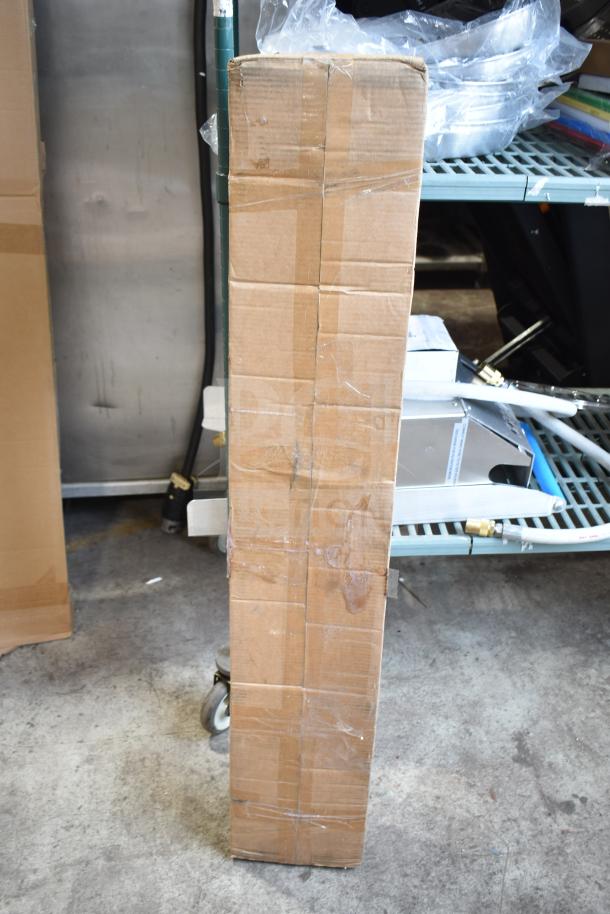 Cardboard box containing a new Avantco 177SW48THA 48" Strip Warmer with Toggle Control. 120V, 1 Phase. Box shows some wear.