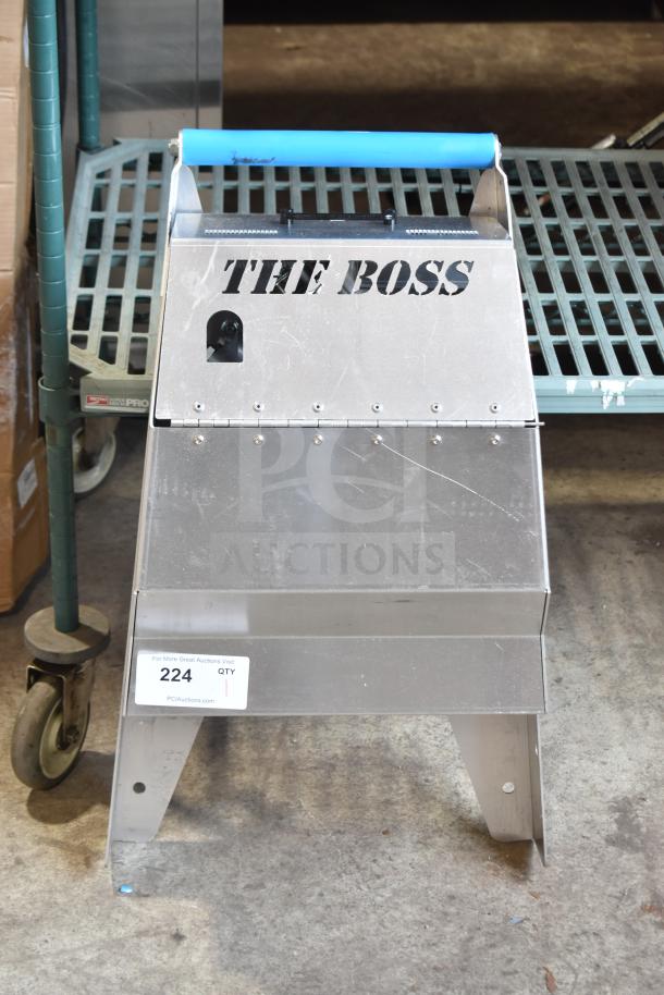 Brand new The Boss Shortening Shuttle, scratch and dent condition, aluminum body, blue handle, labeled "224 QTY".