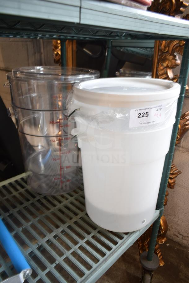 Set of 4 scratch and dent containers, including Choice 6-gallon beverage dispenser, 22 Qt. polycarbonate food storage, new.