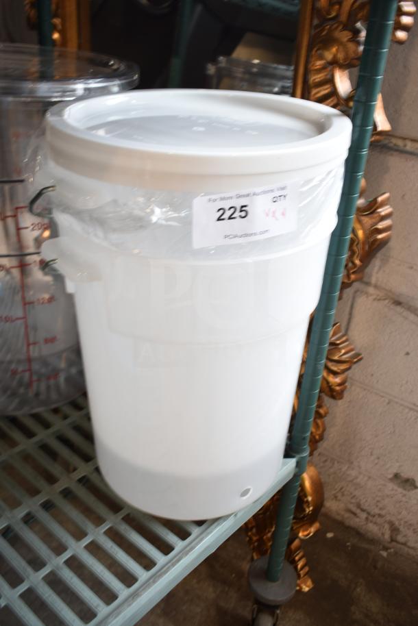 4 new scratch and dent items, including Choice 6-gallon beverage dispenser and 22 qt. food storage container. Tag marked “225.”