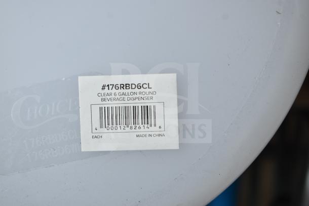 Label on Choice 176RBD6CL 6 Gallon Clear Round Beverage Dispenser, new scratch and dent condition.