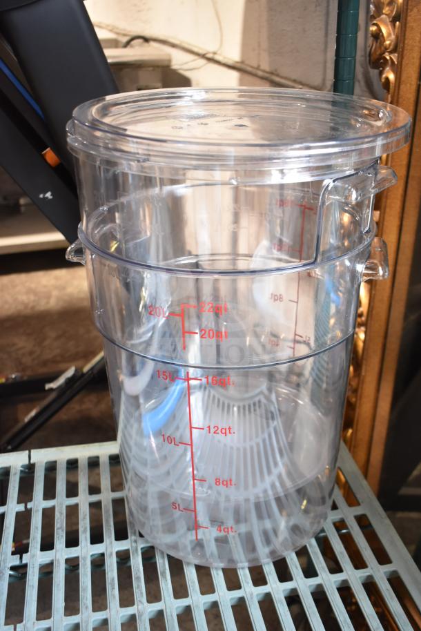 Clear 22 Qt. Choice Polycarbonate Storage Container with red measurements, brand new, part of a scratch and dent set.
