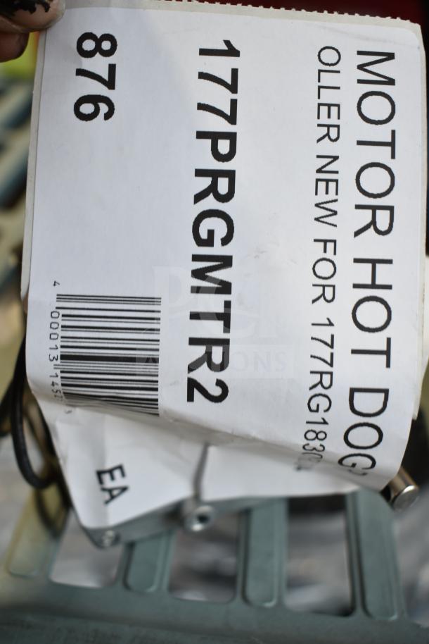 Avantco 177PRGMTR2 motor for hot dog roller grills, 120V. New condition, with barcode and model label visible.