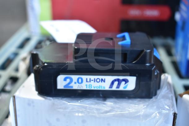 Battery for sale, labeled 2.0 Ah, 18 volts, Li-ion. New condition. Includes Avantco 177PRGMTR2 motor for hot dog grills.