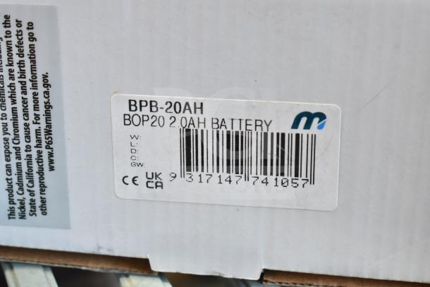 Box with BPB-20AH battery label, showing barcode and CE mark. New scratch and dent condition.