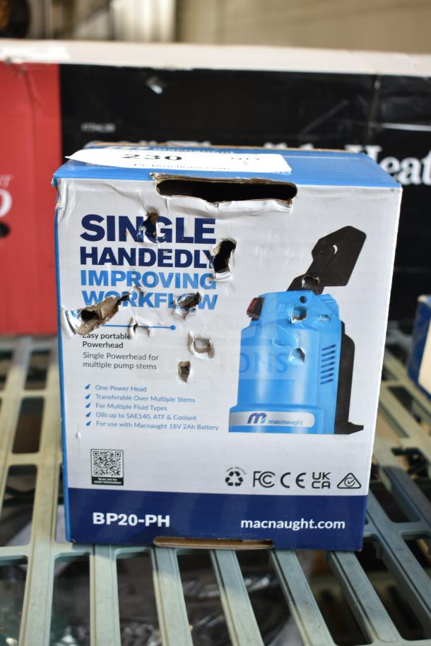 BRAND NEW Macnaught BP20-PH BOP Power Head, box damaged. Single powerhead for various pump stems, uses 18V 2Ah battery.