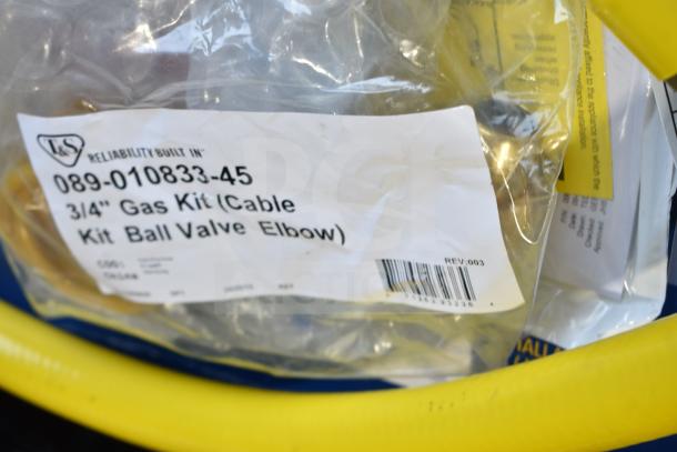 BRAND NEW T&S HG-4D-48K 48" yellow steel gas connector hose, FreeSpin fitting. Label: 3/4" Gas Kit, ball valve elbow.