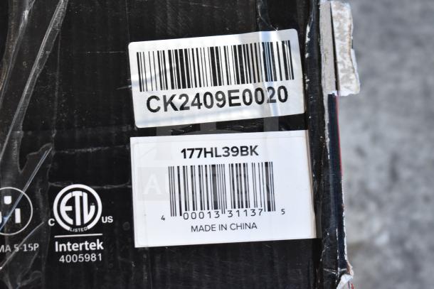 Barcode label on Avantco HL39BK flexible heat lamp box, model 177HL39BK, made in China, ETL listed.