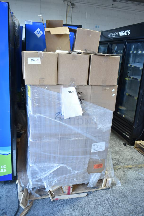 62 boxes of Diversey Soft Care Impact Foam Alcohol Hand Sanitizer on a pallet, sealed in plastic wrap.