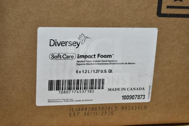 62 boxes of Diversey Soft Care Impact Foam, alcohol foam instant hand sanitizer. Contains 6 x 1.2L units. Made in Canada. Expiry: 06/2026.