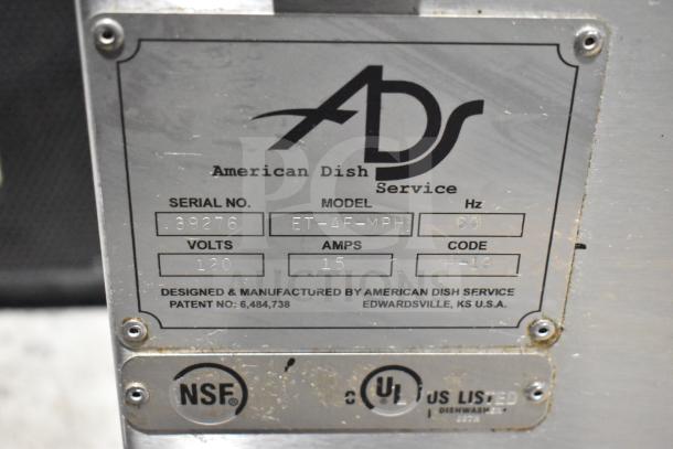 American Dish Service ET-AF-MPH commercial glass washer label showing model, 120V, 15A, and NSF/UL certifications.