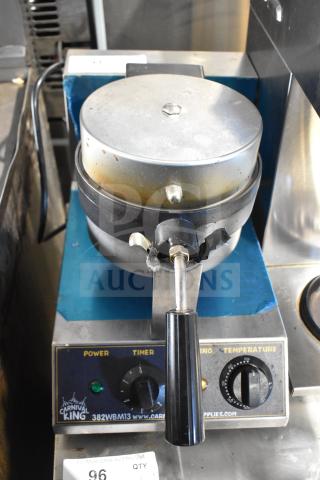 2024 Carnival King 382WBM13 non-stick Belgian waffle maker with timer, 120 volts, used condition, power and temperature dials visible.