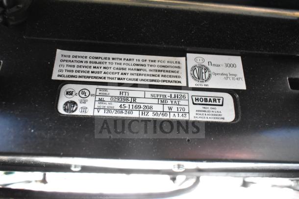 2017 Hobart HTi-LH26 commercial countertop food scale label. 120/208-240V, 1 Phase. Model: HTi, Suffix: LH26.