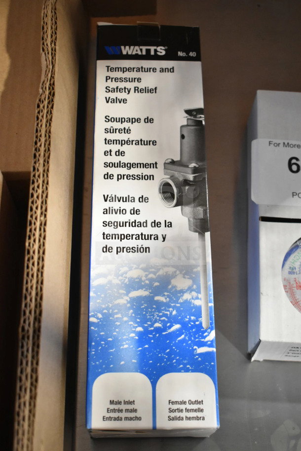 Watts Temperature and Pressure Safety Relief Valve packaging, featuring English, French, and Spanish text.