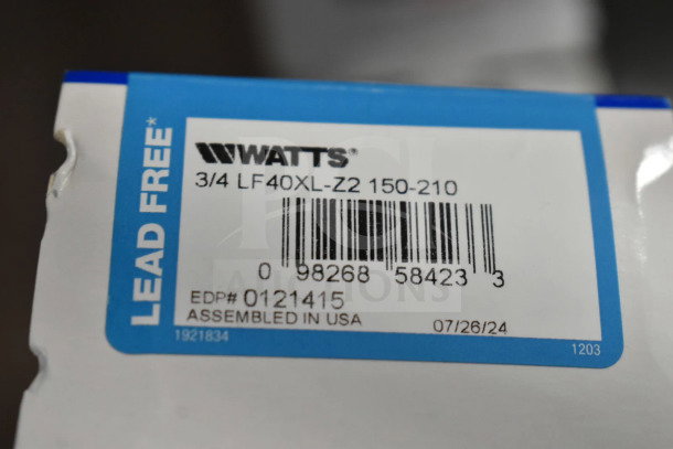Label on Watts Temperature and Pressure Safety Relief Valve, 3/4 LF40XL-Z2 150-210, assembled in USA, lead-free.
