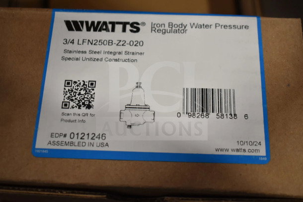Label of Watts Iron Body Water Pressure Regulator, model 3/4 LFN250B-Z2-020, with QR code and barcode.