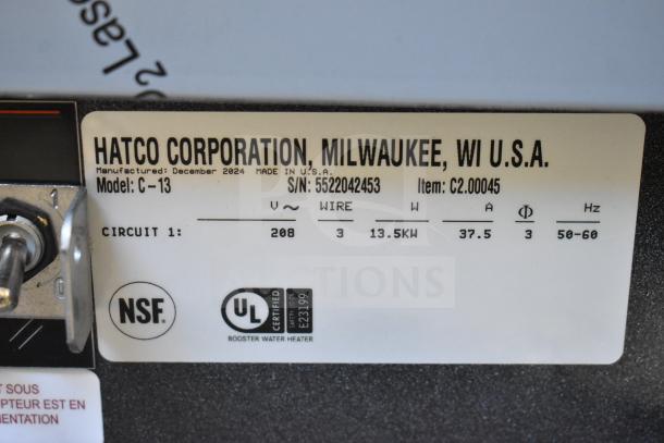 Hatco C-13 commercial booster water heater label showing specifications: 208V, 3-phase, 13.5KW, NSF and UL certified.