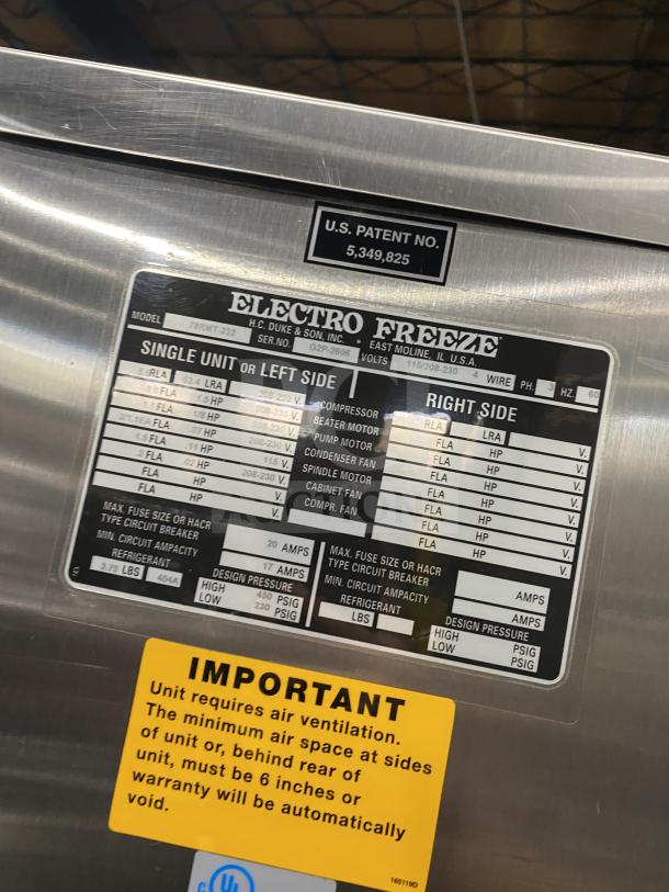 Electro Freeze Freedom 360 Series milkshake machine, model 78RMT-232, SN G2P-2606, 115/208-230V, 3-phase, detailed specs plate.