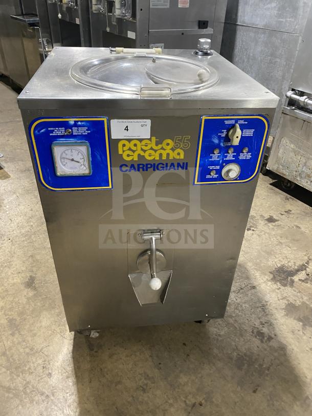 Carpigiani PASTOCREMA 55 cream cooker/pasteurizer, stainless steel, 220V, 3 phase, on casters, features control panel.