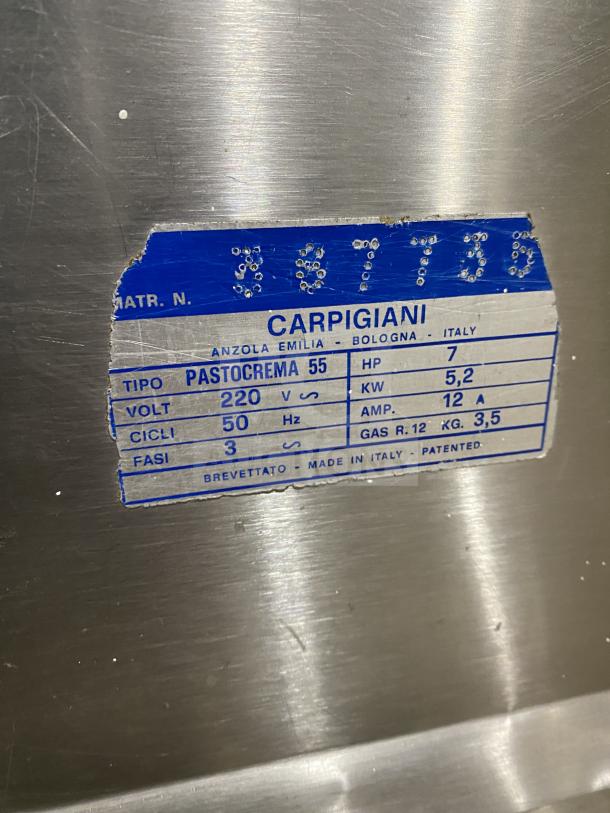 Carpigiani Pastocrema 55 cream cooker/pasteurizer, stainless steel, 220V, 3-phase, on casters, maker’s label visible.
