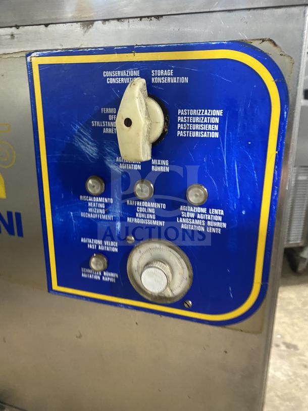 Carpigiani PASTOCREMA 55 cream cooker/pasteurizer, stainless steel, 220V 3-phase, casters, control panel with functions.