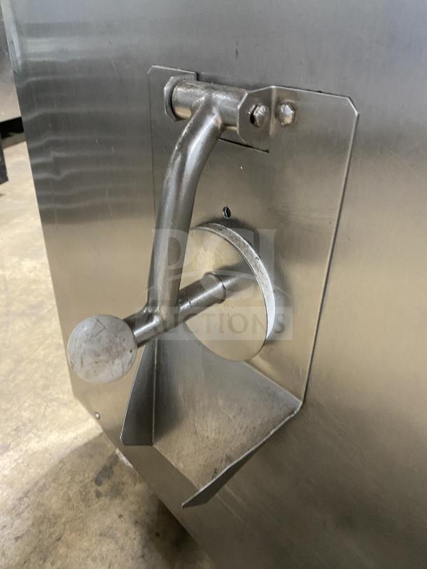 Carpigiani PASTOCREMA 55 cream cooker/pasteurizer, stainless steel, on casters, 220V 3 phase, close-up of spout.