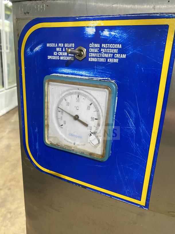 Carpigiani PASTOCREMA 55 cream cooker/pasteurizer, stainless steel, 220V, 3 phase, on casters, temperature gauge displayed.