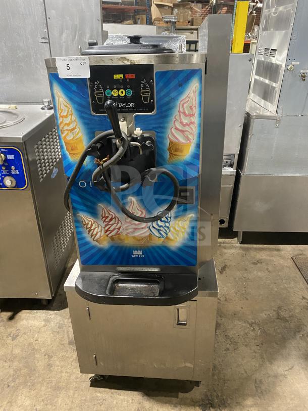 Taylor Crown C707-33 stainless steel soft serve machine on casters, single flavor, single hopper, 208-230V, 3-phase.