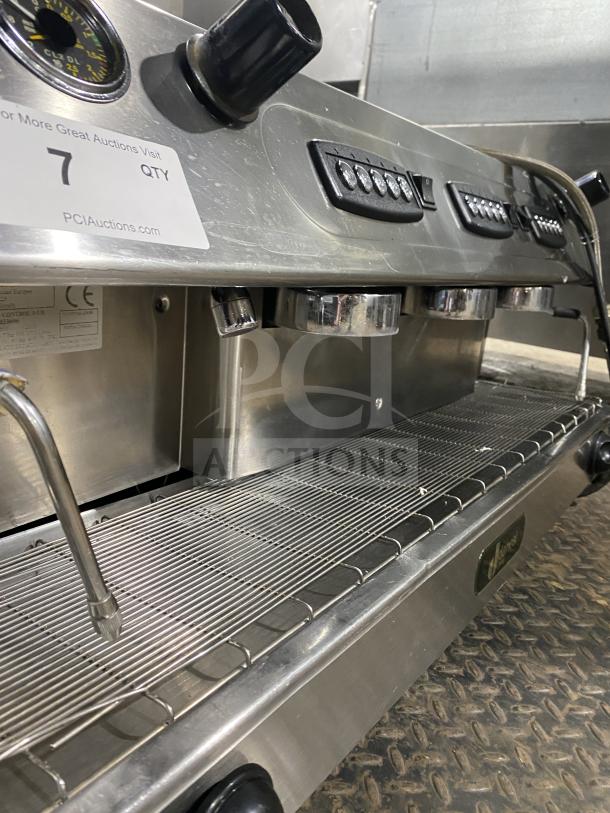 Danesi CONTROL3GR commercial stainless steel espresso machine, 3-group, with porta filter handles, 220V, in good condition.