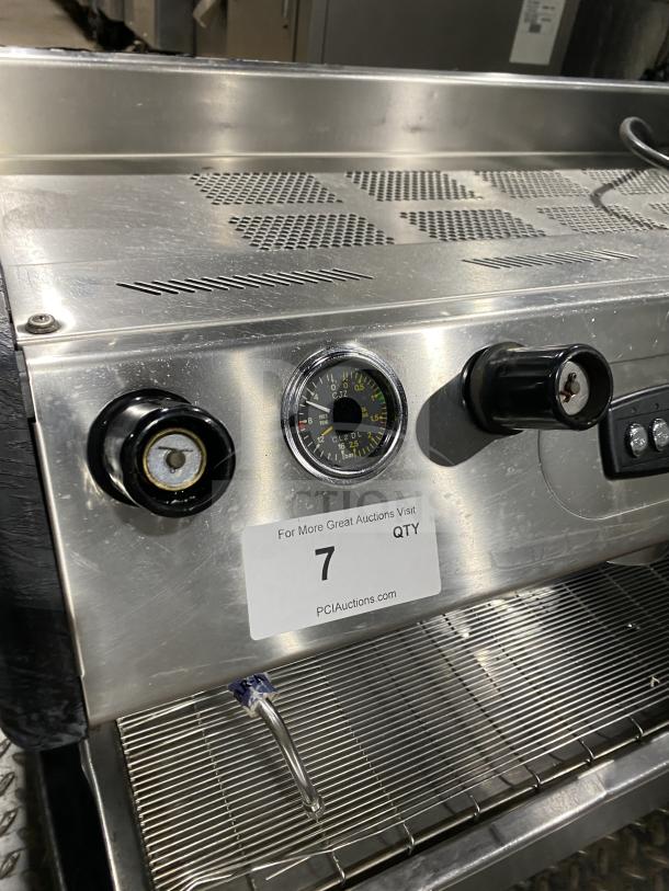 Danesi CONTROL 3 GR commercial espresso machine, stainless steel, 3-group, with porta filter handles, 220V, shown with gauge and controls.